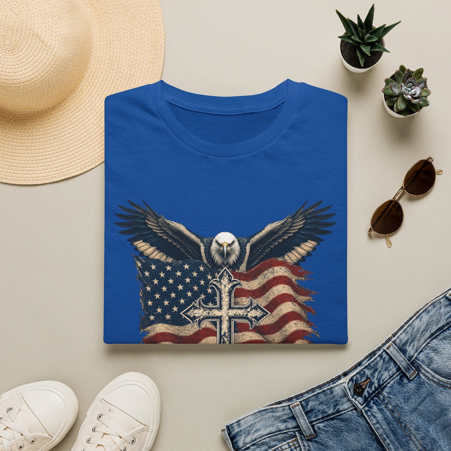 Patriotic Eagle Cross T‑Shirt — American Flag Faith Graphic