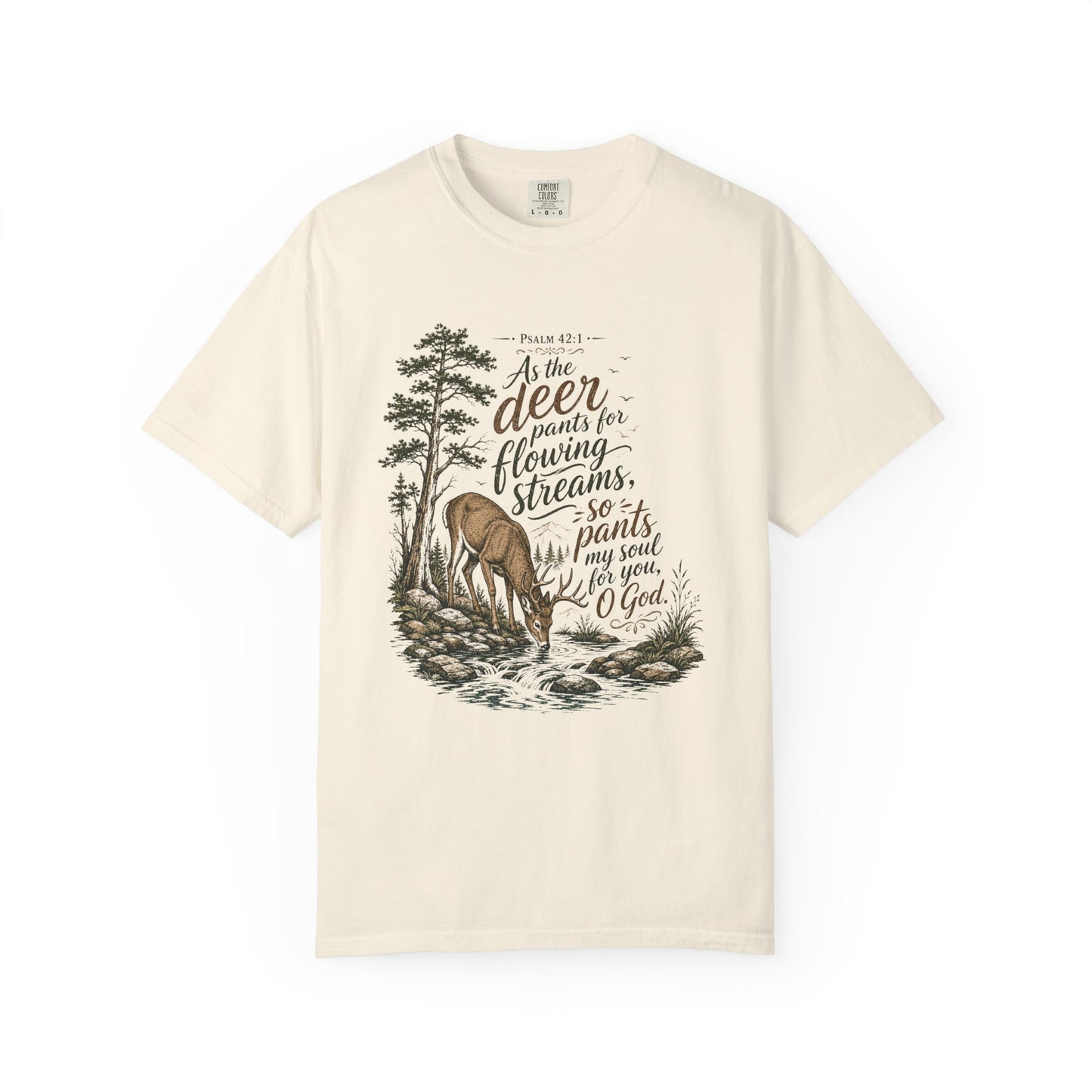 Deer & Psalm 42 Nature T-Shirt — "As the deer pants for flowing streams" Christian Tee