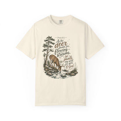 Deer & Psalm 42 Nature T-Shirt — "As the deer pants for flowing streams" Christian Tee
