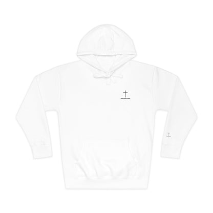 Minimal Cross Hoodie — Small Chest & Sleeve Faith Graphic