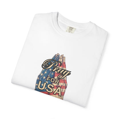 Pray for USA T-Shirt — Patriotic American Flag Praying Hands Tee
