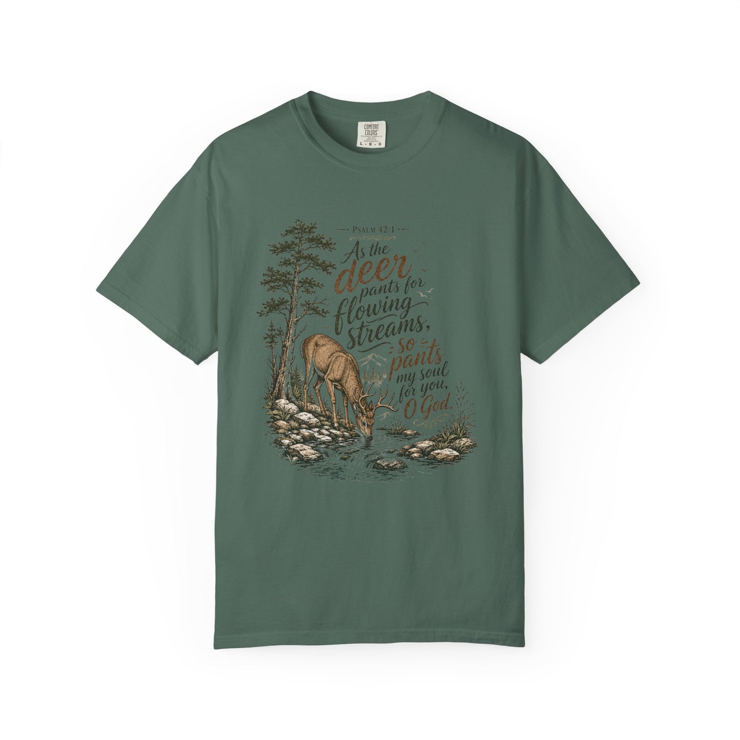 Deer & Psalm 42 Nature T-Shirt — "As the deer pants for flowing streams" Christian Tee