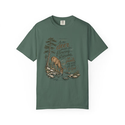 Deer & Psalm 42 Nature T-Shirt — "As the deer pants for flowing streams" Christian Tee
