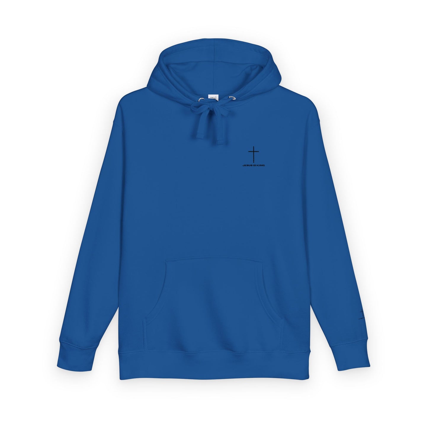 Minimal Cross Hoodie — Small Chest & Sleeve Faith Graphic
