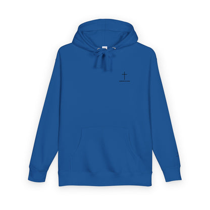 Minimal Cross Hoodie — Small Chest & Sleeve Faith Graphic