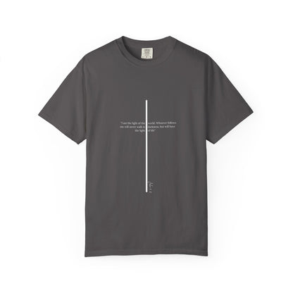 Unisex T Shirt with John 8:12 " I am the Light of the World" creating a cross shape, Witness Wear,  Motivational Apparel