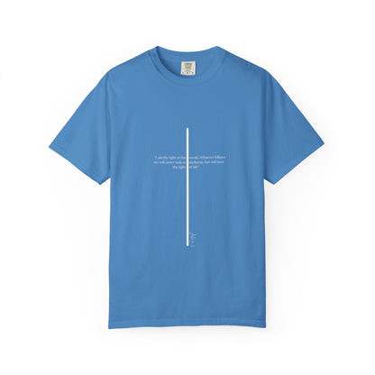 Unisex T Shirt with John 8:12 " I am the Light of the World" creating a cross shape, Witness Wear,  Motivational Apparel