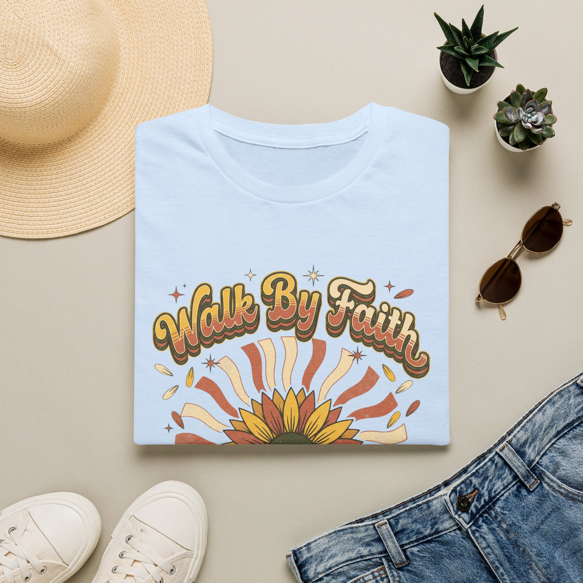 Walk by Faith Christian Sunflower Graphic T-Shirt