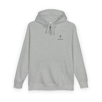 Minimal Cross Hoodie — Small Chest & Sleeve Faith Graphic