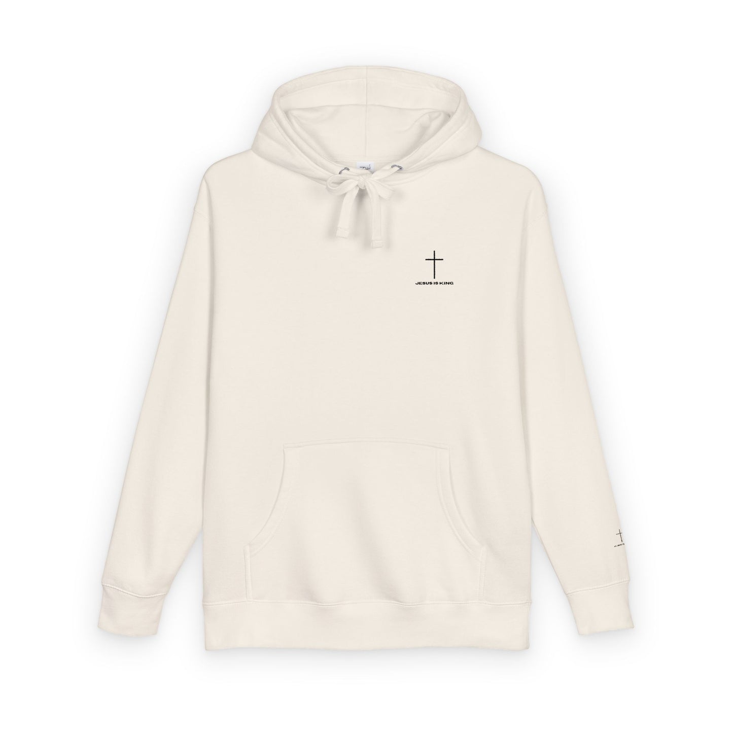 Minimal Cross Hoodie — Small Chest & Sleeve Faith Graphic