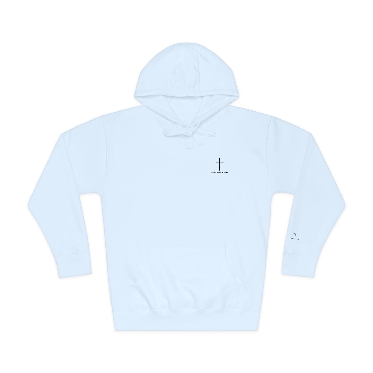 Minimal Cross Hoodie — Small Chest & Sleeve Faith Graphic