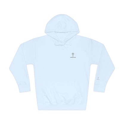 Minimal Cross Hoodie — Small Chest & Sleeve Faith Graphic