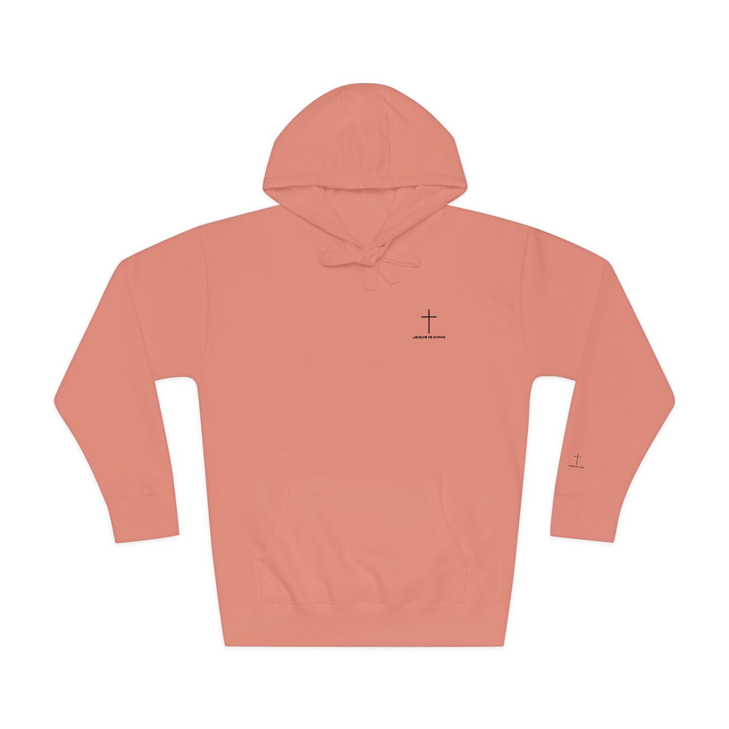 Minimal Cross Hoodie — Small Chest & Sleeve Faith Graphic