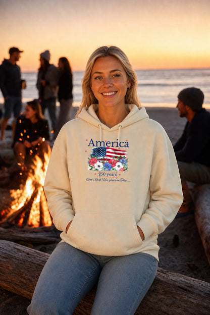 America 250th Anniversary Hoodie – Patriotic Flag & Floral Fleece Pullover