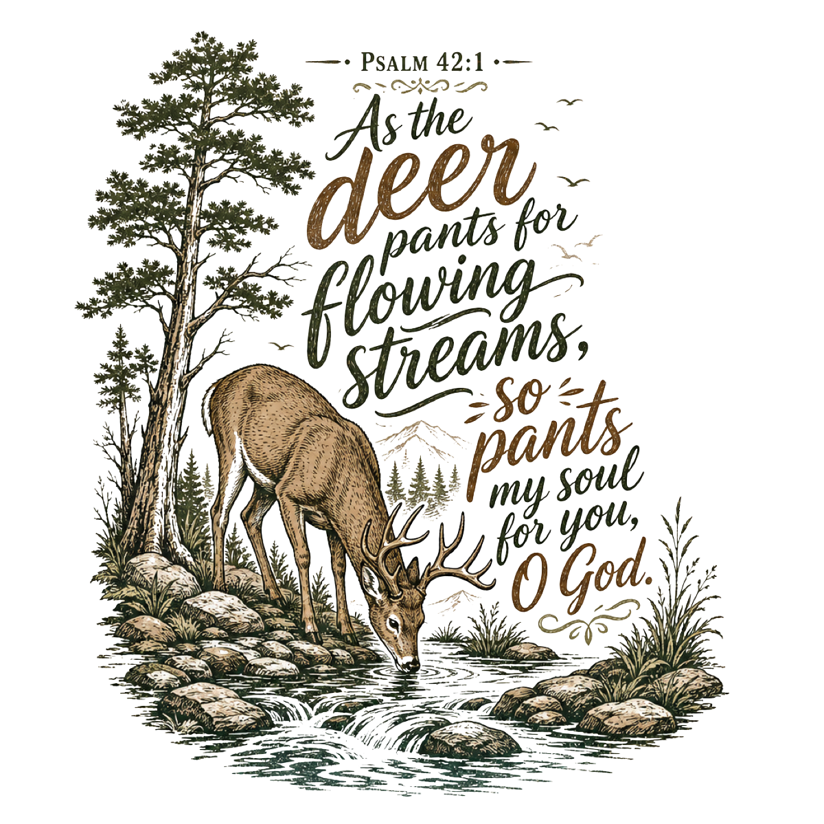 Deer & Psalm 42 Nature T-Shirt — "As the deer pants for flowing streams" Christian Tee