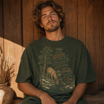 Deer & Psalm 42 Nature T-Shirt — "As the deer pants for flowing streams" Christian Tee