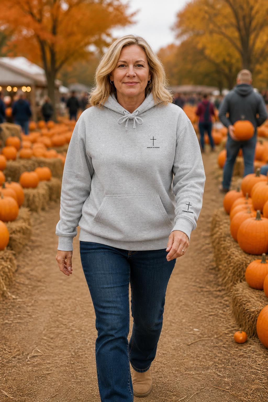 Minimal Cross Hoodie — Small Chest & Sleeve Faith Graphic