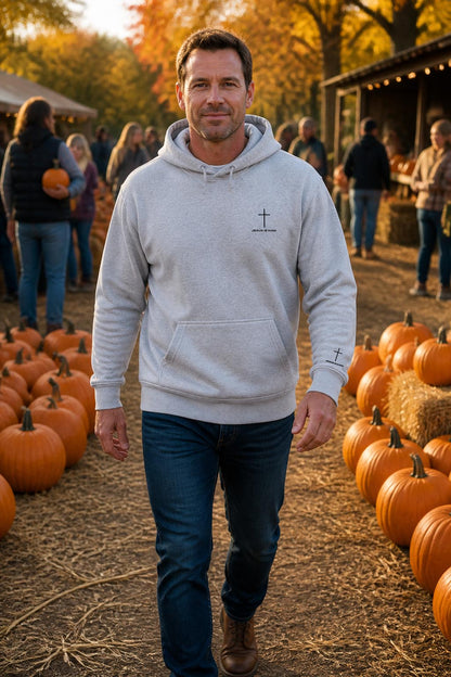 Minimal Cross Hoodie — Small Chest & Sleeve Faith Graphic