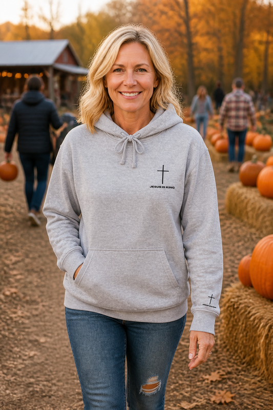Minimal Cross Hoodie — Small Chest & Sleeve Faith Graphic