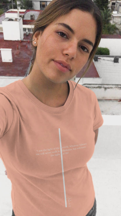 Unisex T Shirt with John 8:12 " I am the Light of the World" creating a cross shape, Witness Wear,  Motivational Apparel